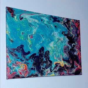 Abstract Canvas Art in Vibrant Teal and Multicolor 8 X 12